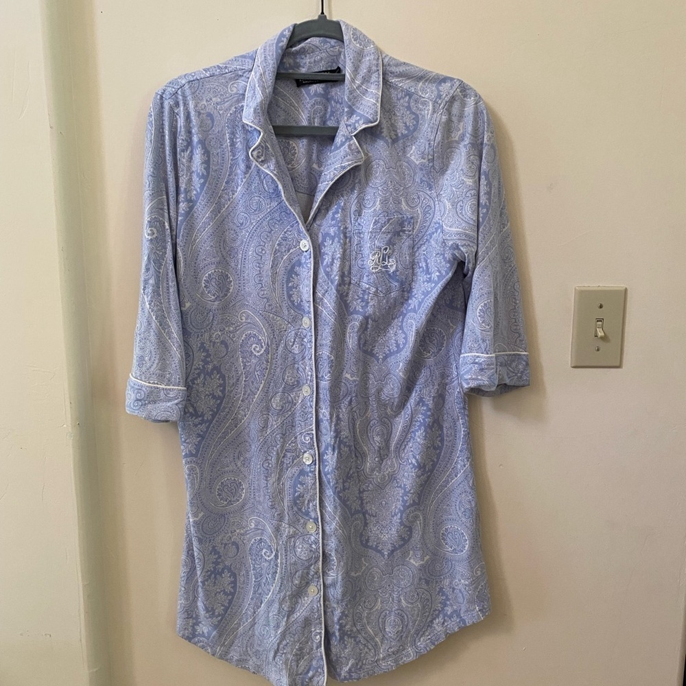 LAUREN RALPH LAUREN BLACK LABEL BLUE WHITE PAISLEY NIGHTGOWN MONOGRAM COTTON
